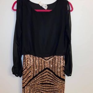 Black and gold sequin long sleeve semiformal dress with cold shoulder